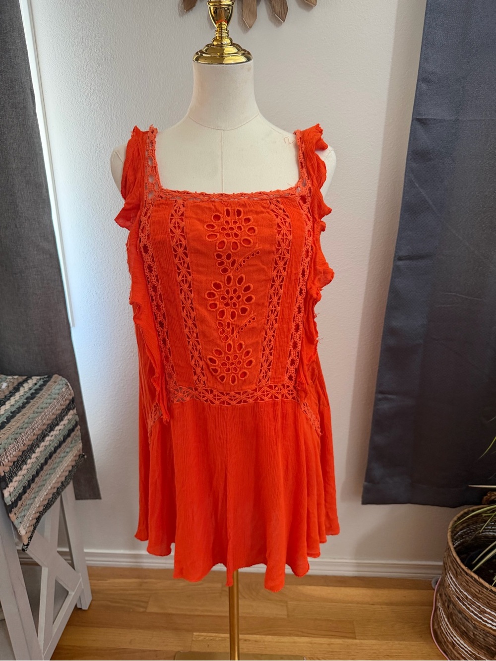 🧡 Free People FP Beach Orange Eyelet Ruffle Mini Dress / Tunic